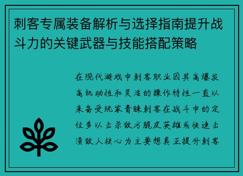 刺客专属装备解析与选择指南提升战斗力的关键武器与技能搭配策略